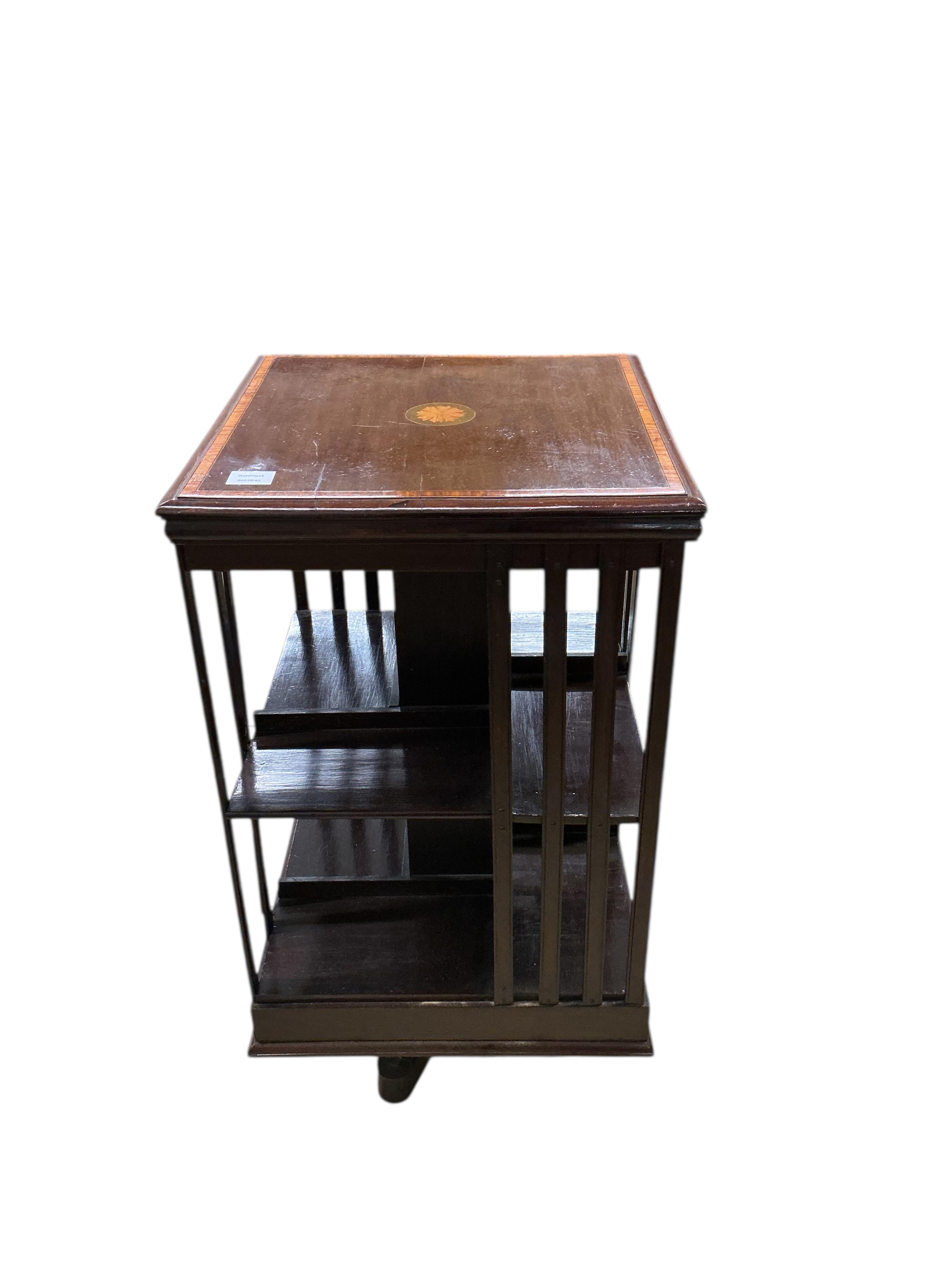 An Edwardian satinwood banded inlaid mahogany revolving bookcase, width 48cm, depth 48cm, height 87cm